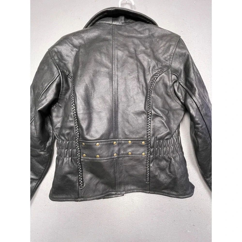 Unbranded Biker Jacket Genuine Leather Black Braided Trim Small Womens